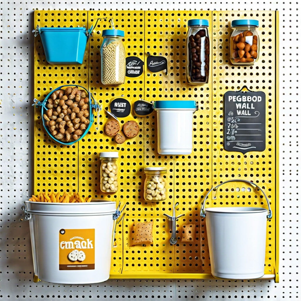 pegboard wall organizer with baskets for snacks