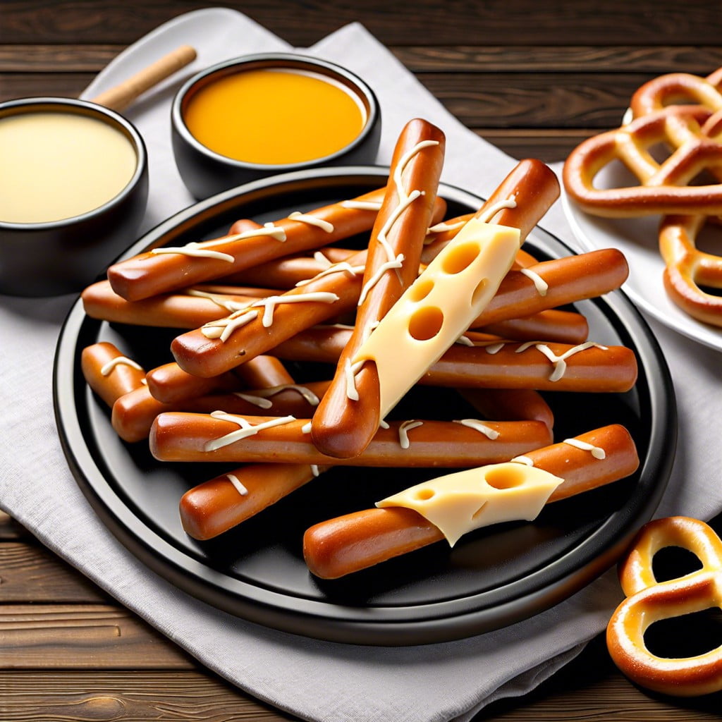 pretzel sticks with cheese cubes