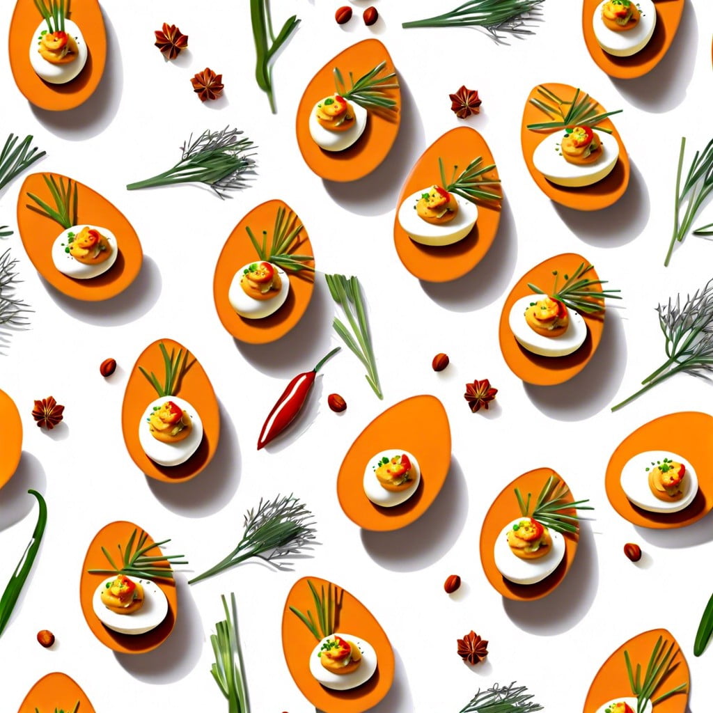 pumpkin deviled eggs make deviled eggs and add paprika and a green chive for a pumpkin look
