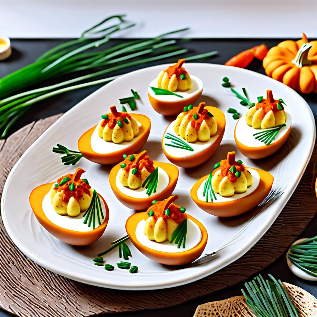 pumpkin deviled eggs use paprika and chives to decorate eggs to look like pumpkins
