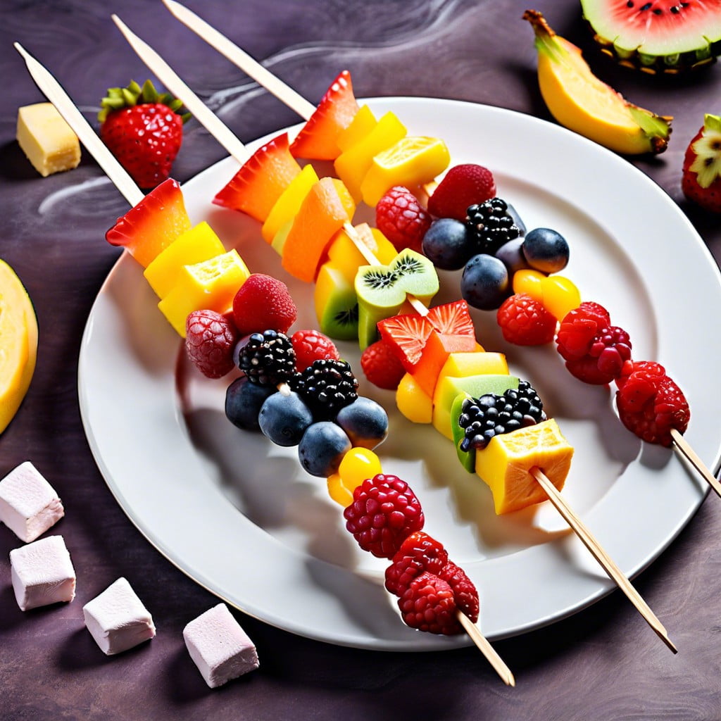 rainbow fruit skewers with marshmallow clouds