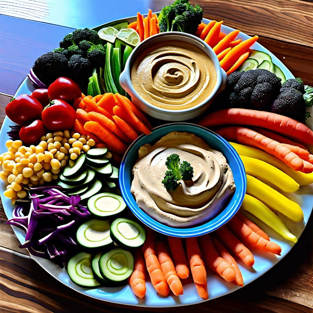 rainbow vegetable platter with hummus