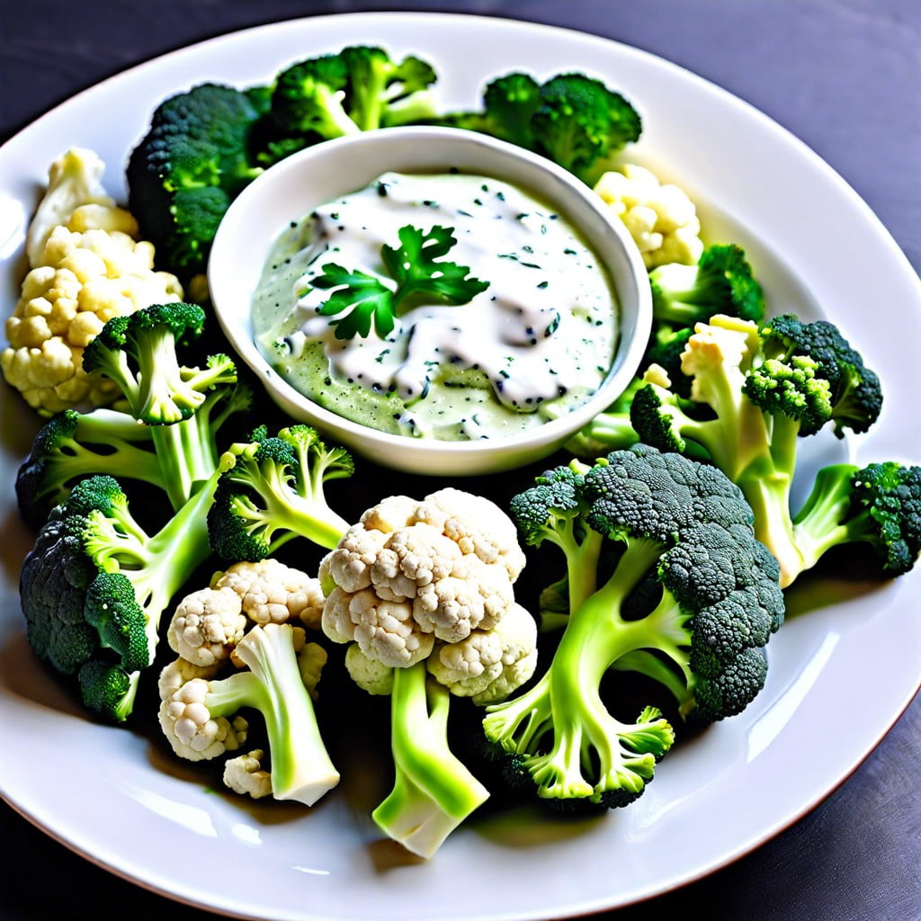 raw broccoli and cauliflower with greek yogurt dip