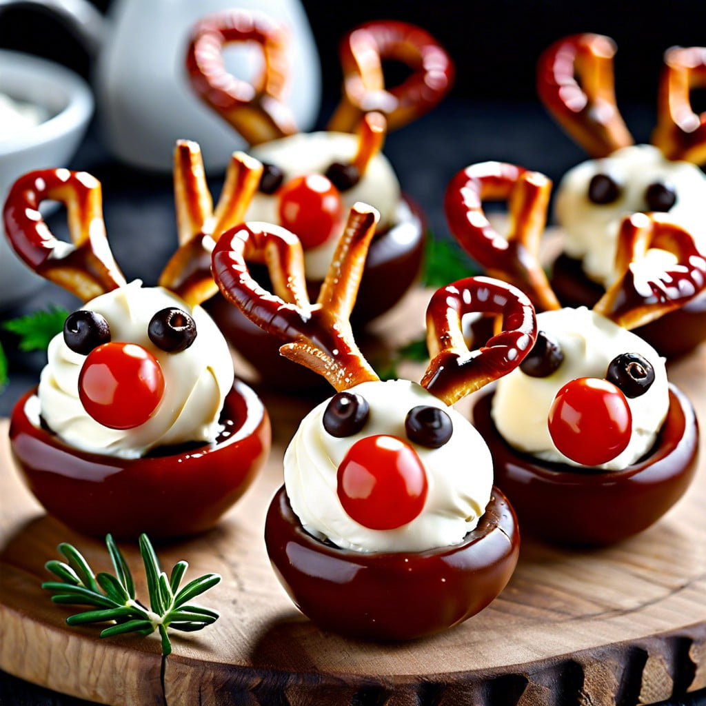 reindeer cherry tomatoes tomatoes with pretzel antlers and cream cheese faces