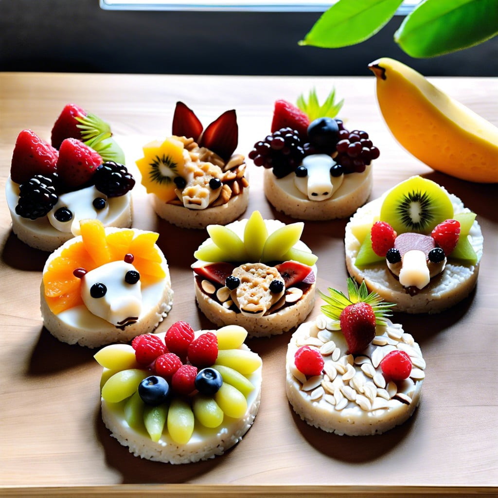 rice cake animals decorated with nut butter and fruit