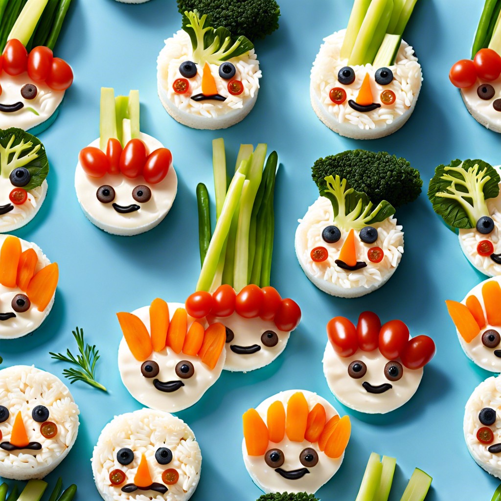 rice cake faces with cream cheese and veggies