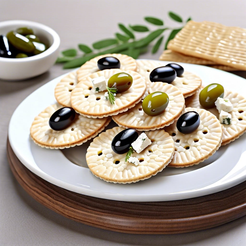 rice crackers with sliced olives and feta
