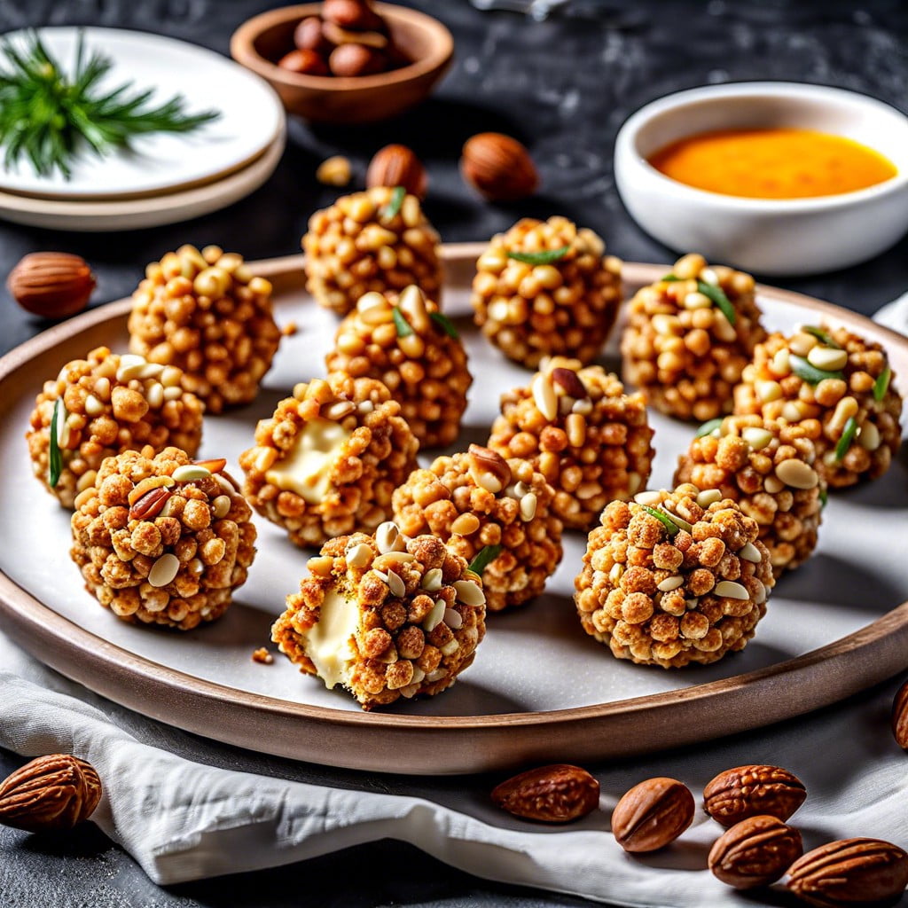 savory cheese ball bites coated in chopped nuts