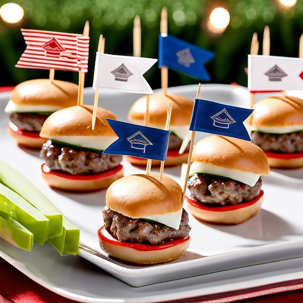 scholarly sliders mini burgers with themed toothpick flags