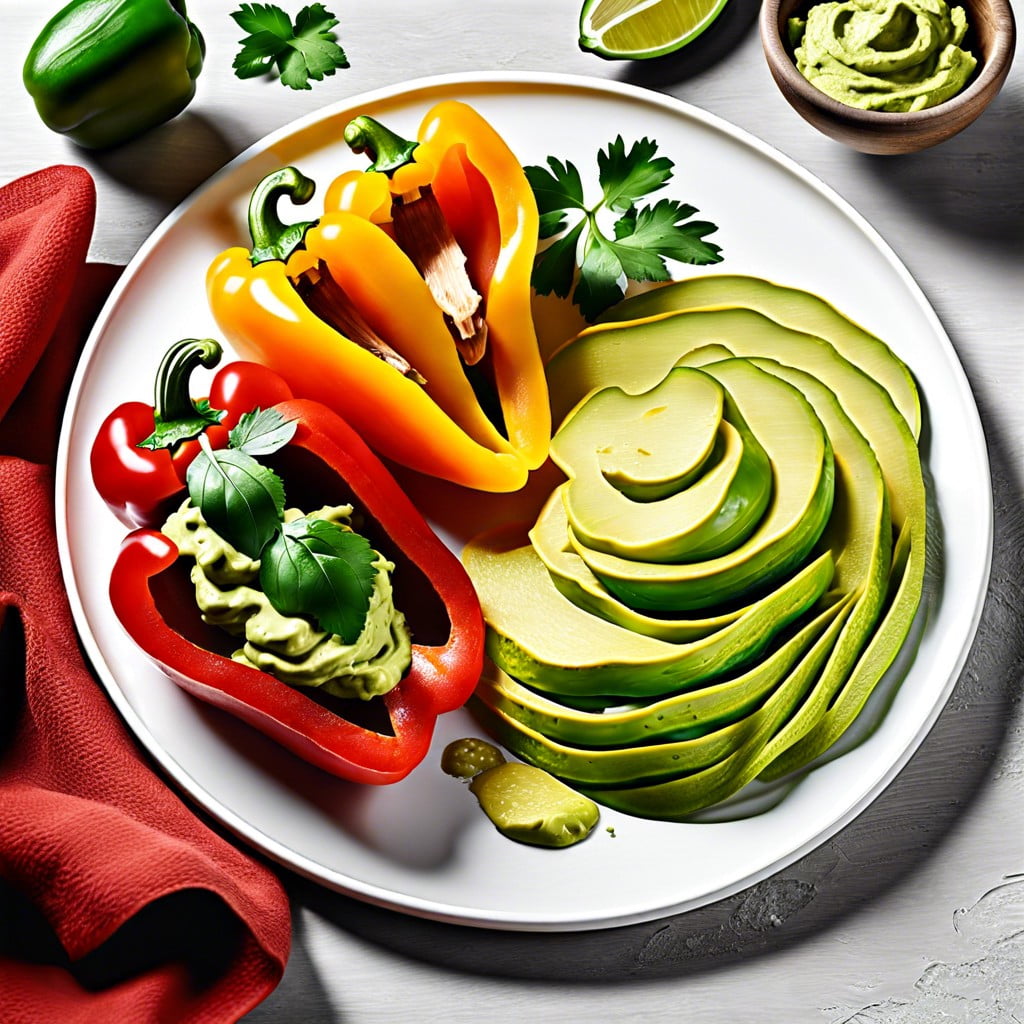 sliced bell peppers with guacamole