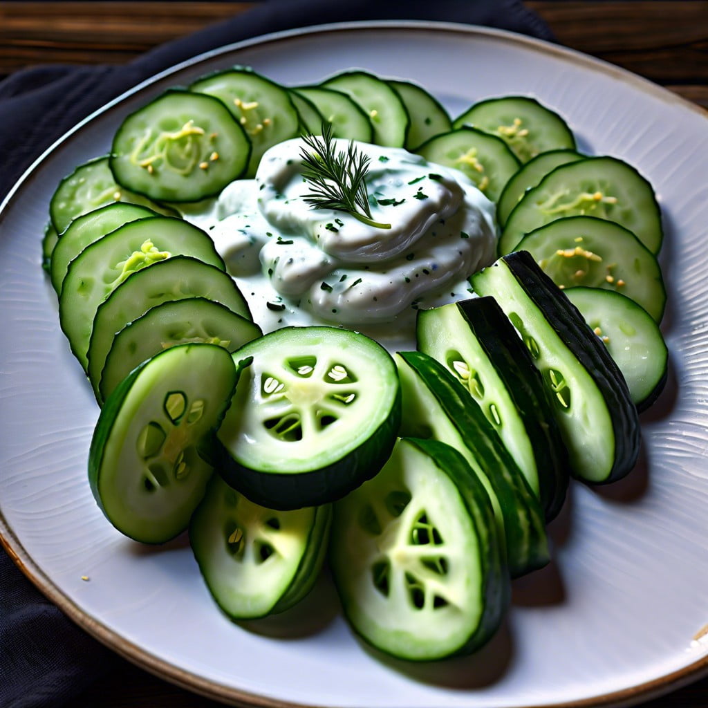 sliced cucumber with tzatziki