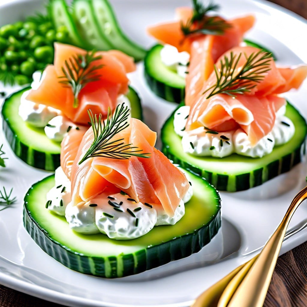 smoked salmon and cream cheese on cucumber slices