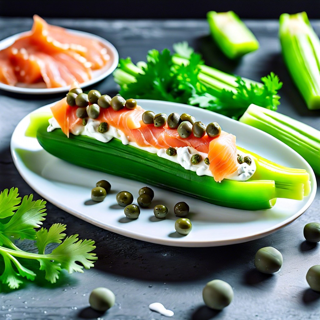 smoked salmon and cream cheese stuffed celery with capers