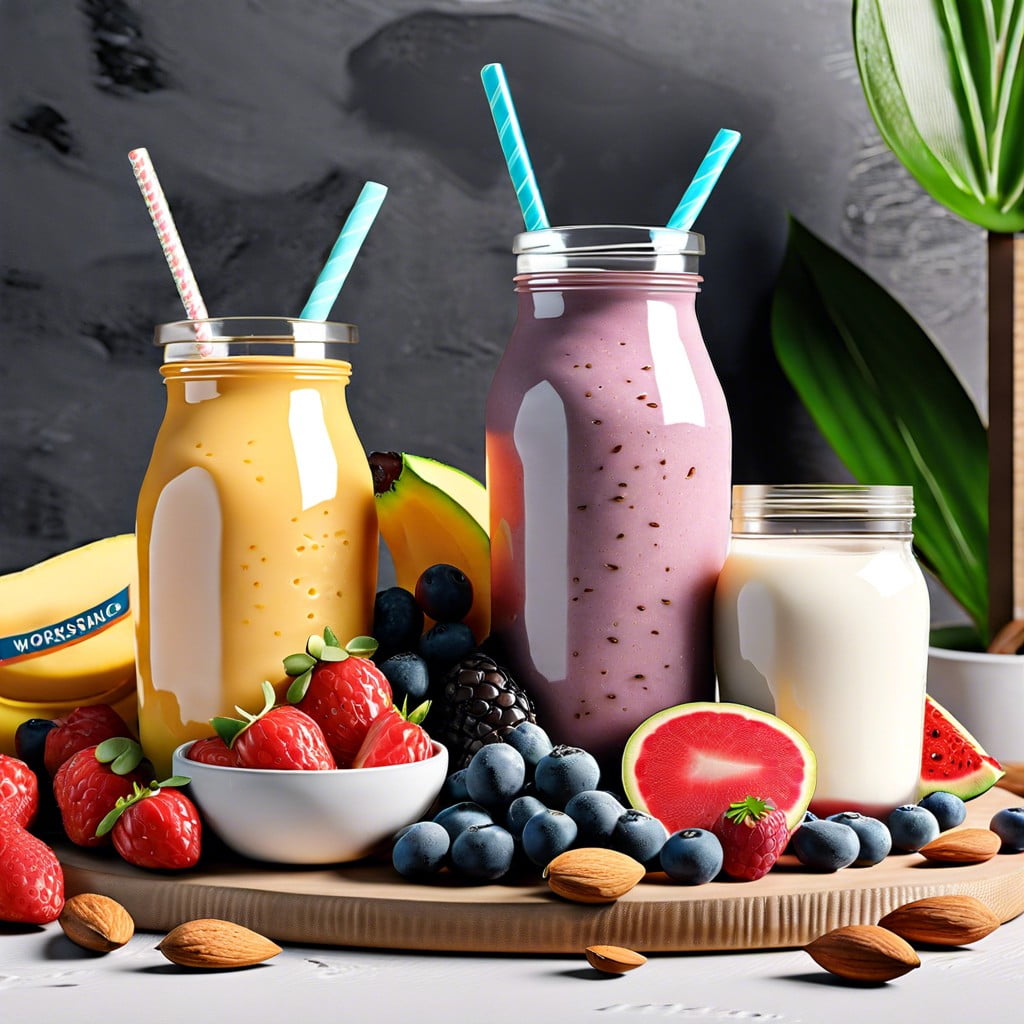 smoothie station variety of fruits yogurt and almond milk