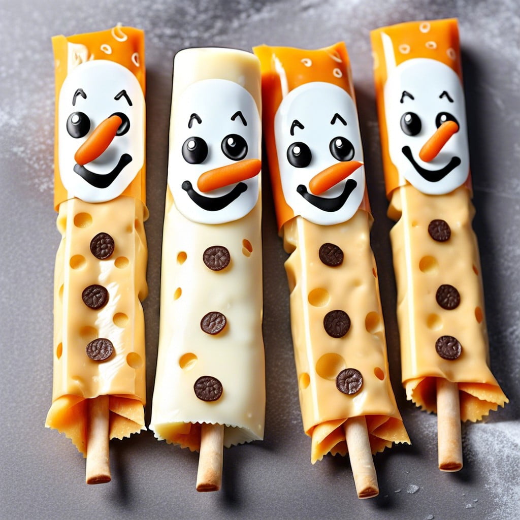 snowman cheese sticks draw faces on the wrappers