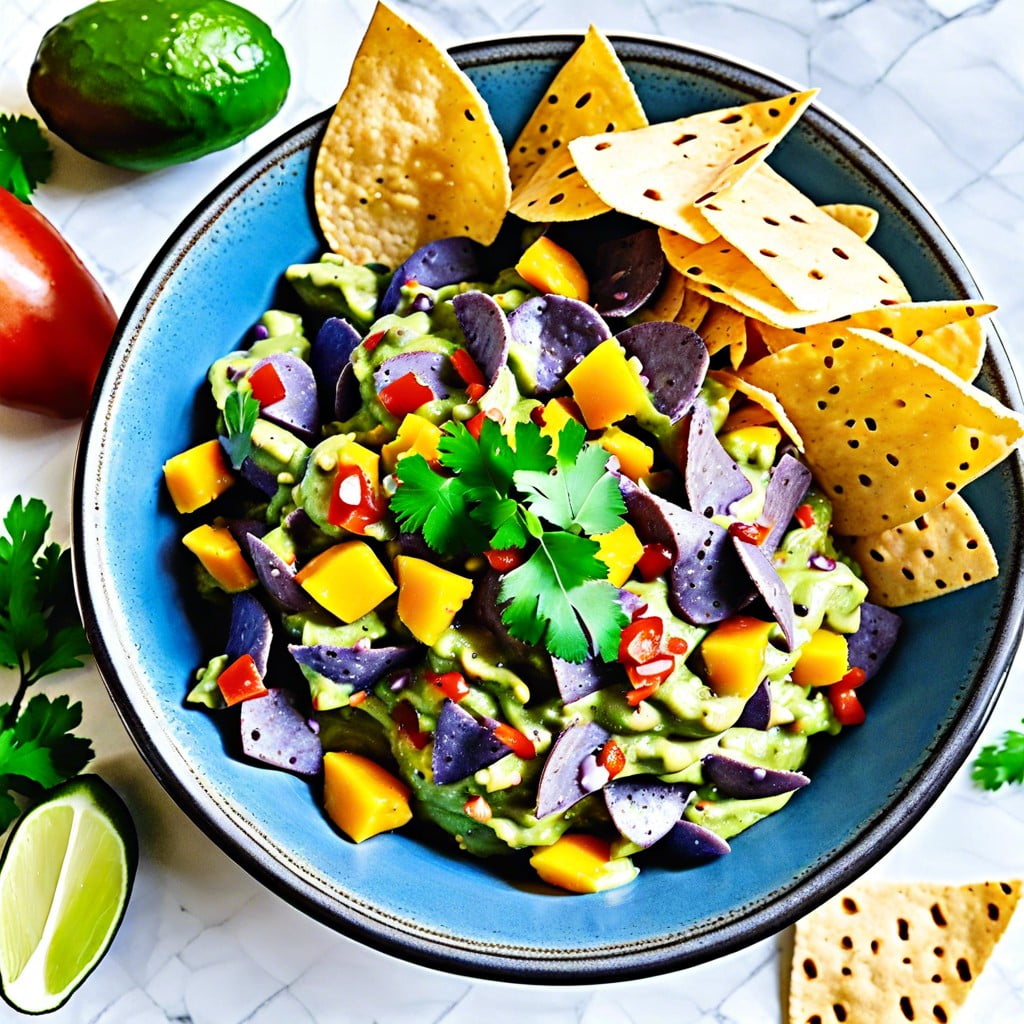 spicy mango guacamole with blue corn chips