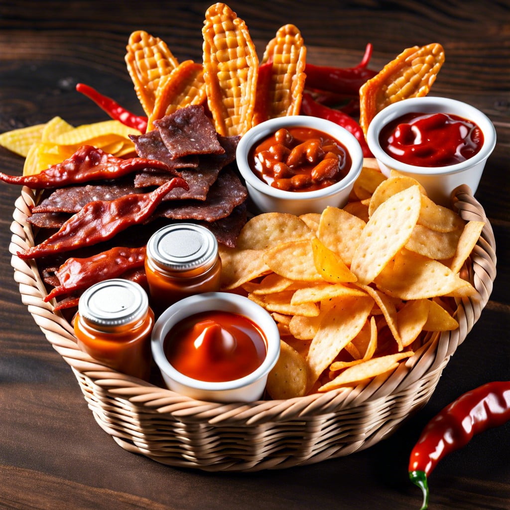 spicy snacks basket hot sauces spicy chips and jerky