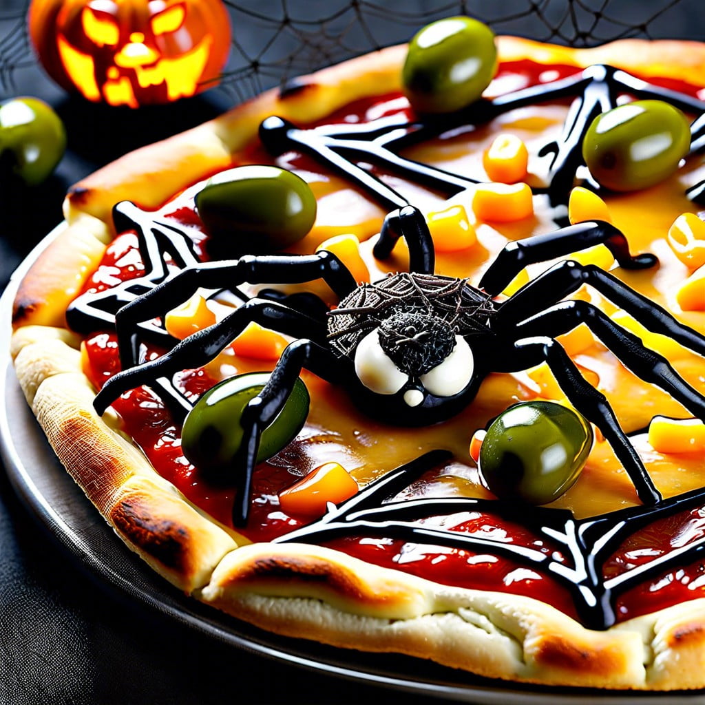 spiderweb pizza create a web with cheese on mini pizzas add an olive spider