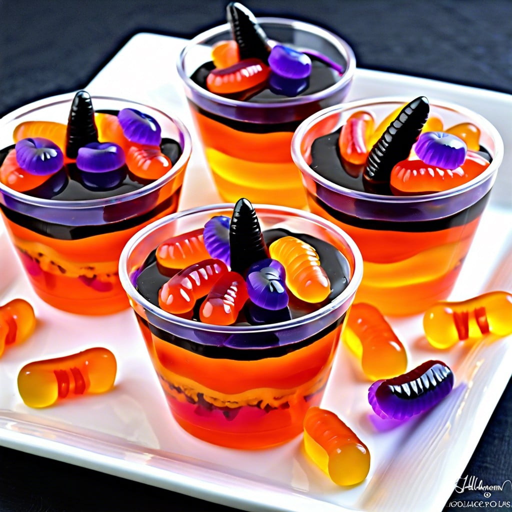 spooky jell o cups layer orange and purple jell o with gummy worms inside
