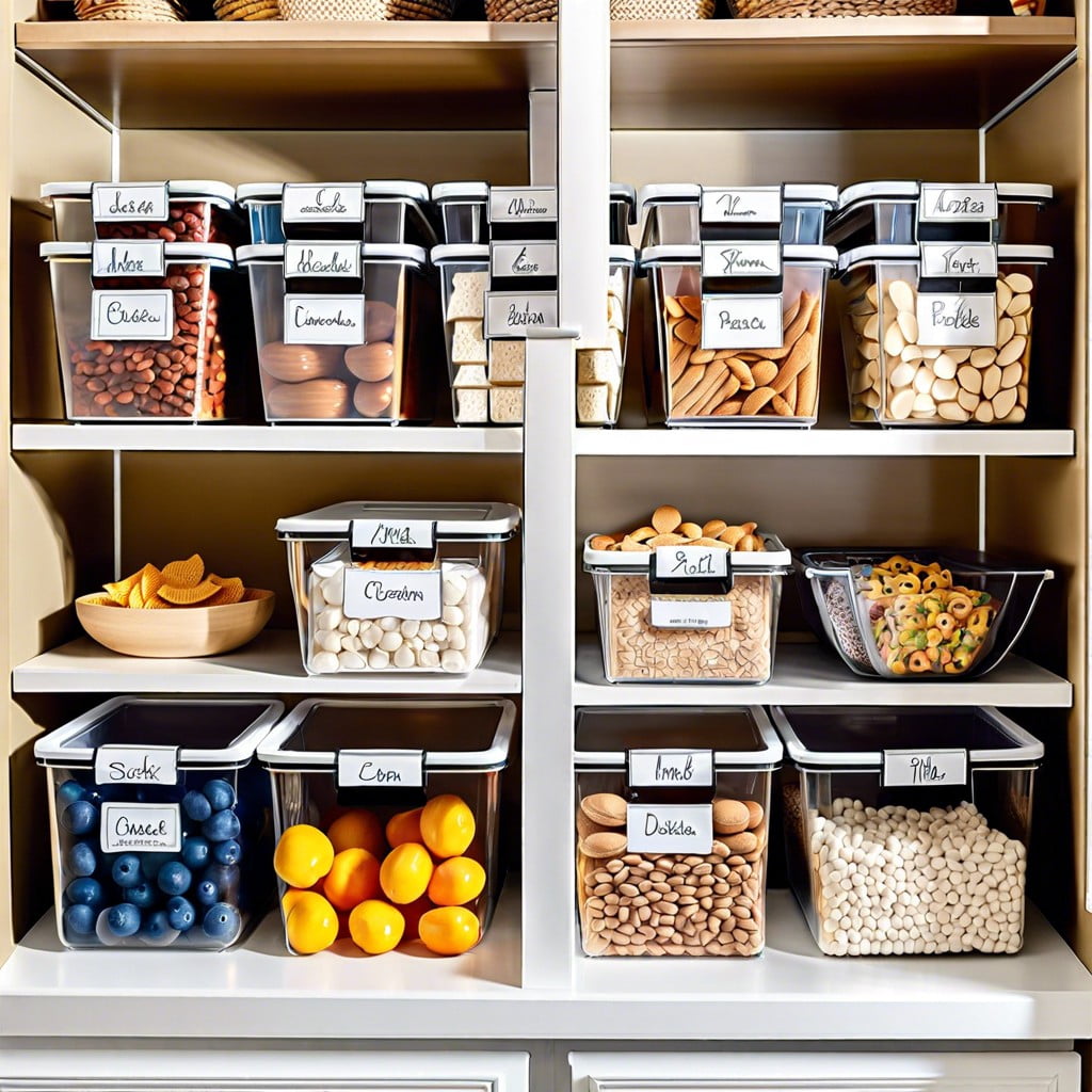 stackable snack bins with labels in pantry