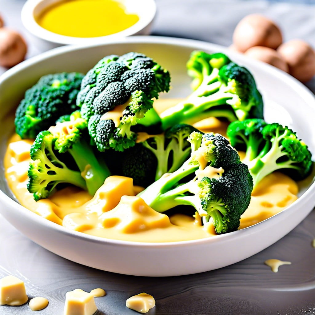 steamed broccoli florets with mild cheese sauce