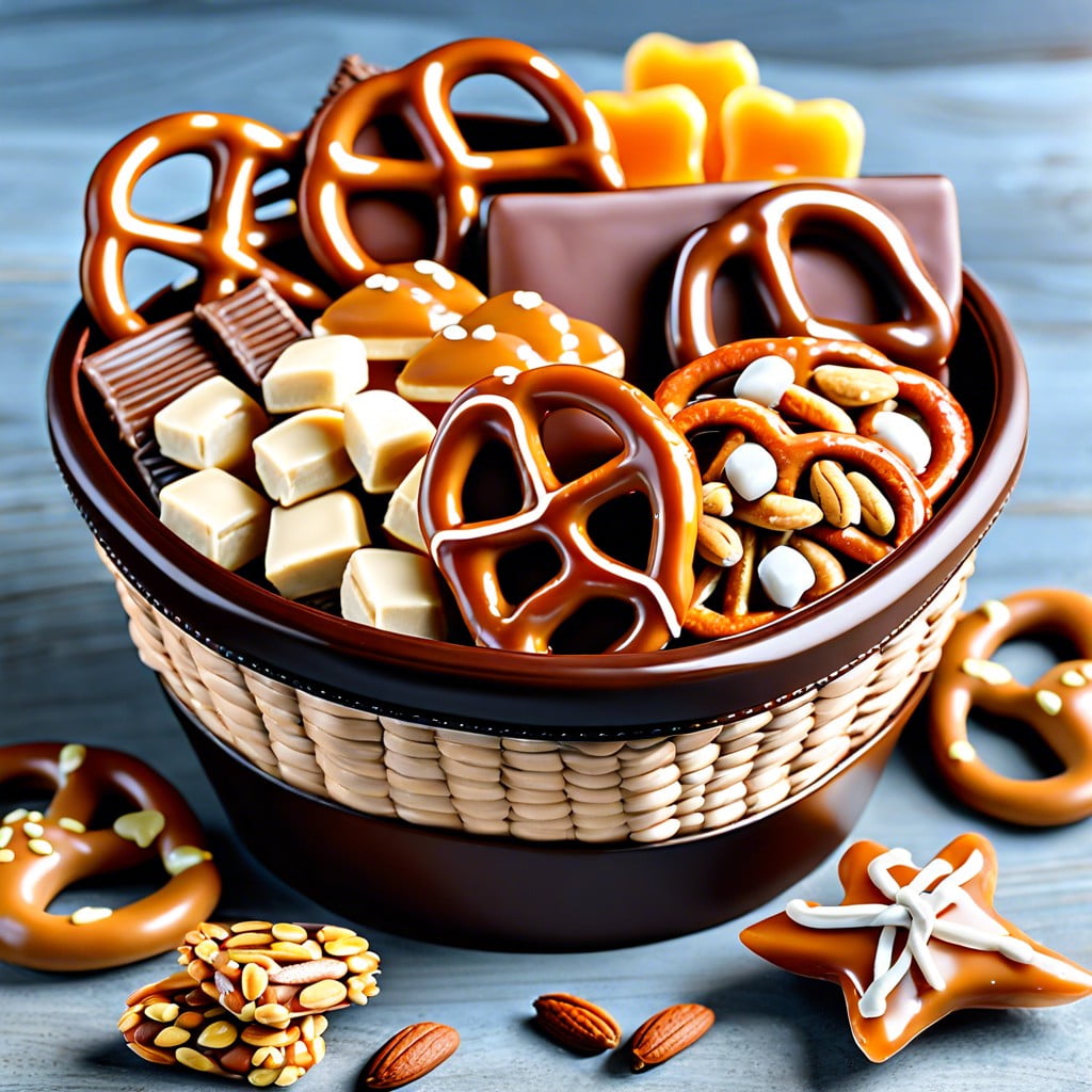 sweet and salty basket pretzels caramels and mixed nuts