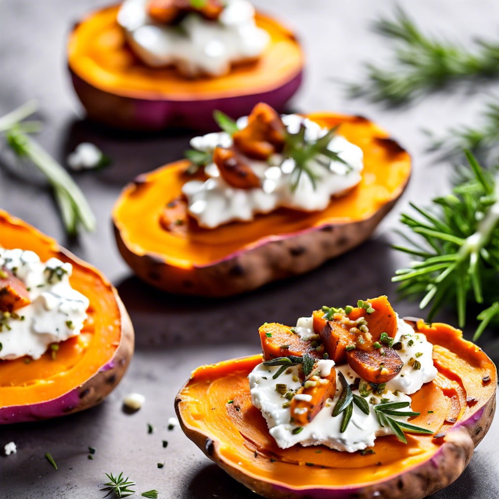 sweet potato rounds topped with goat cheese and herbs