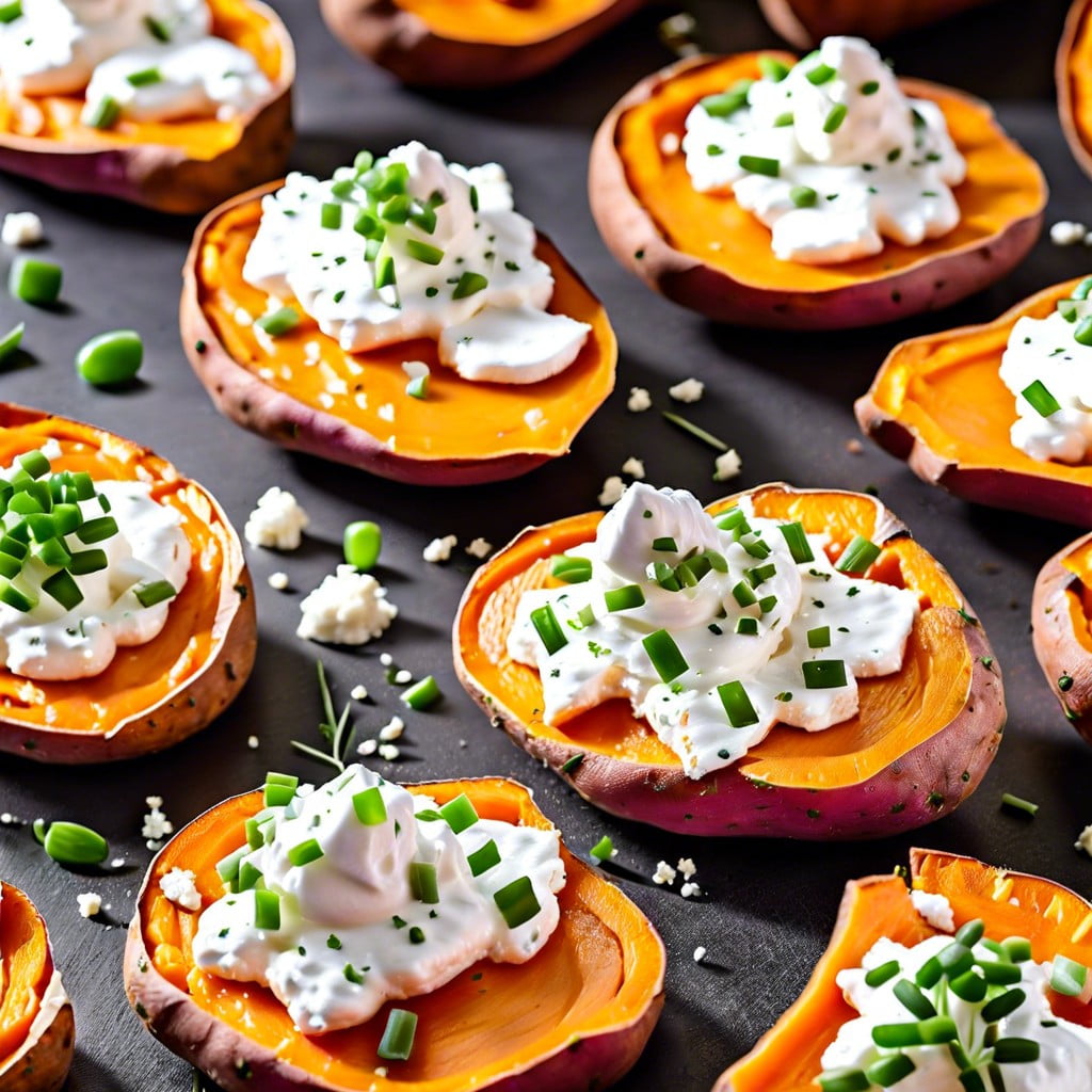 sweet potato toppers baked sweet potato rounds topped with cottage cheese and chives