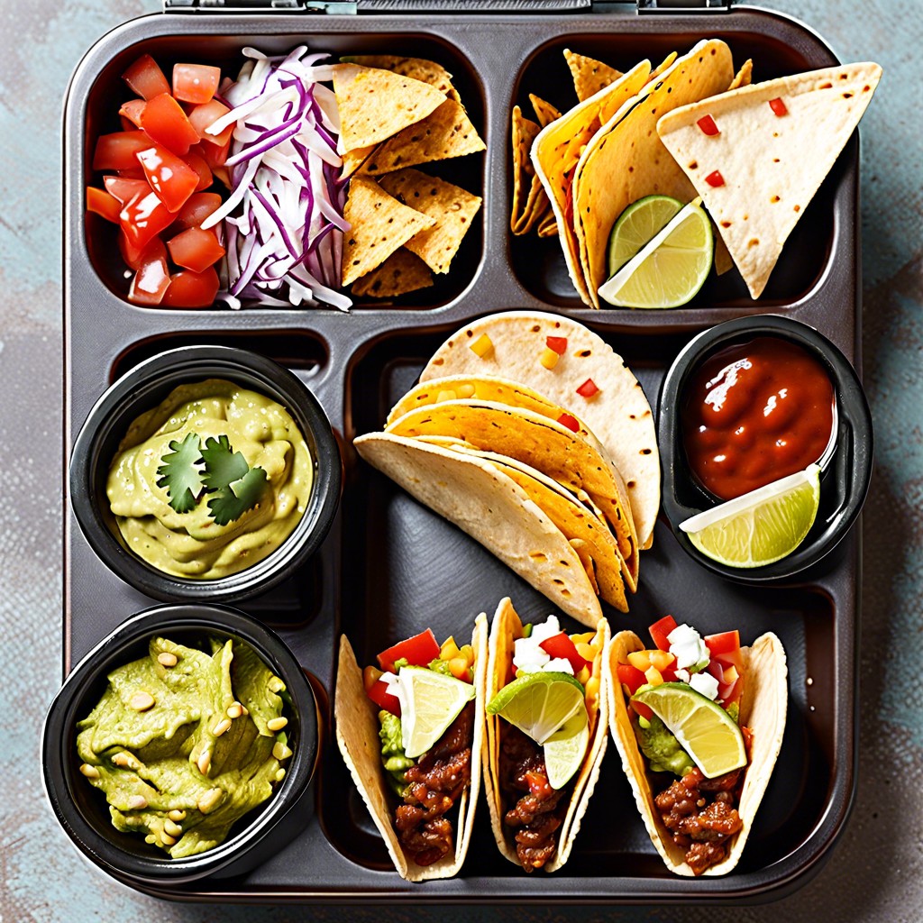 taco bento mini tacos salsa guacamole and tortilla chips