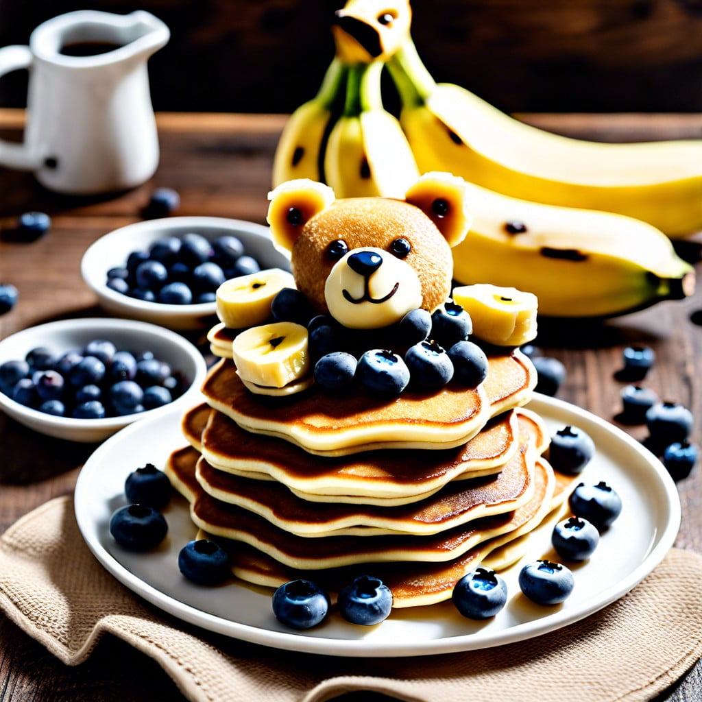 teddy bear pancakes with banana and blueberries