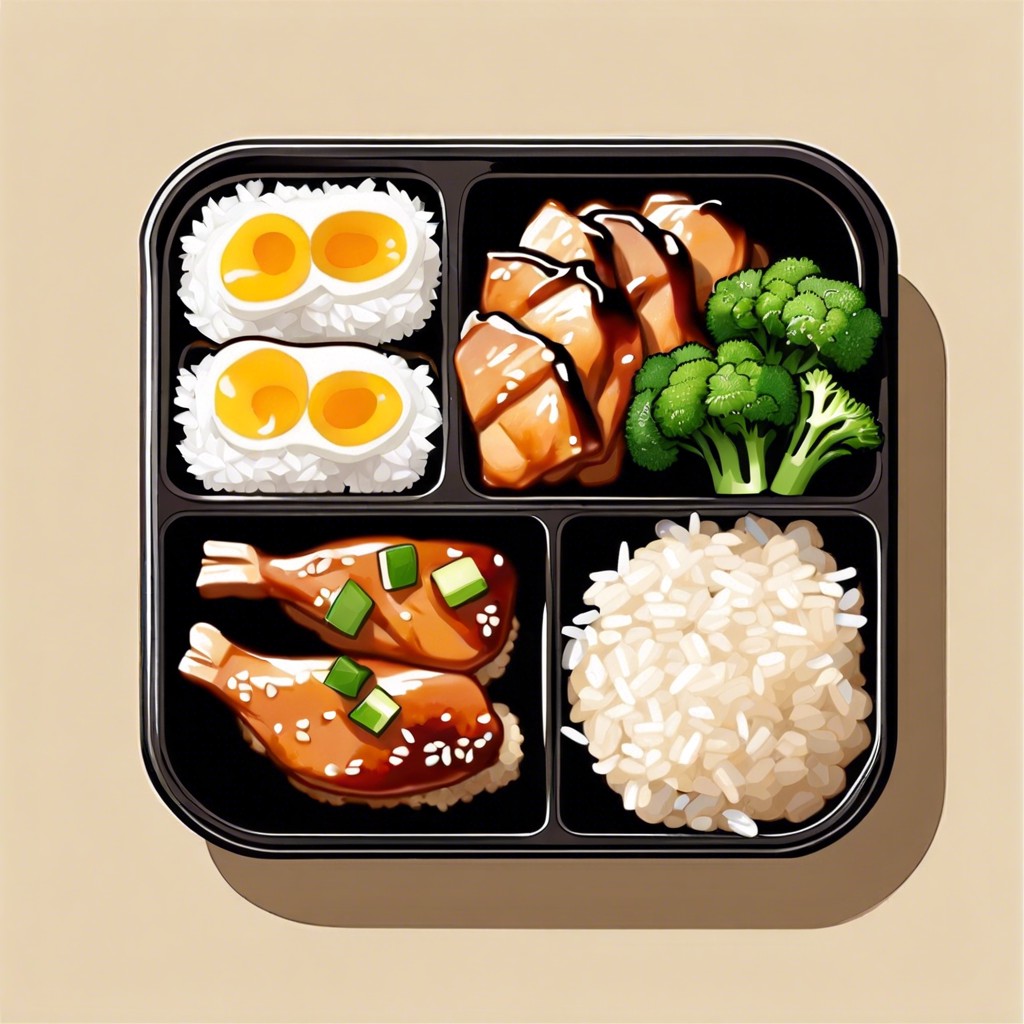 teriyaki chicken bento with steamed rice and broccoli