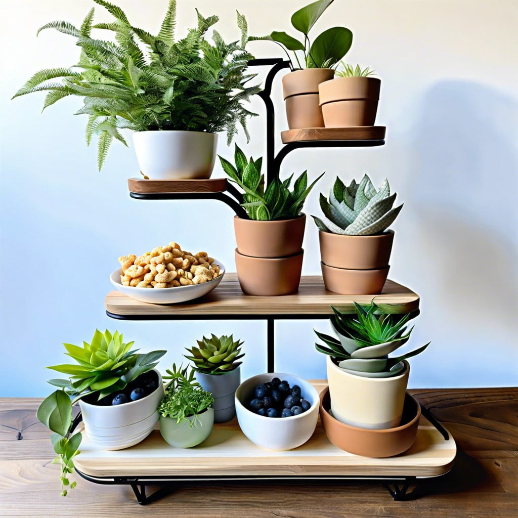tiered plant stand repurposed as snack station