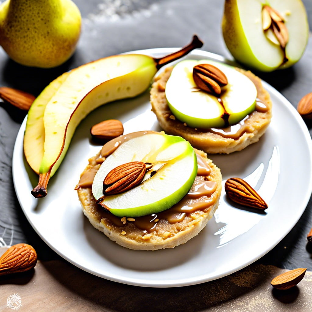 toasted english muffin with almond butter and pear slices