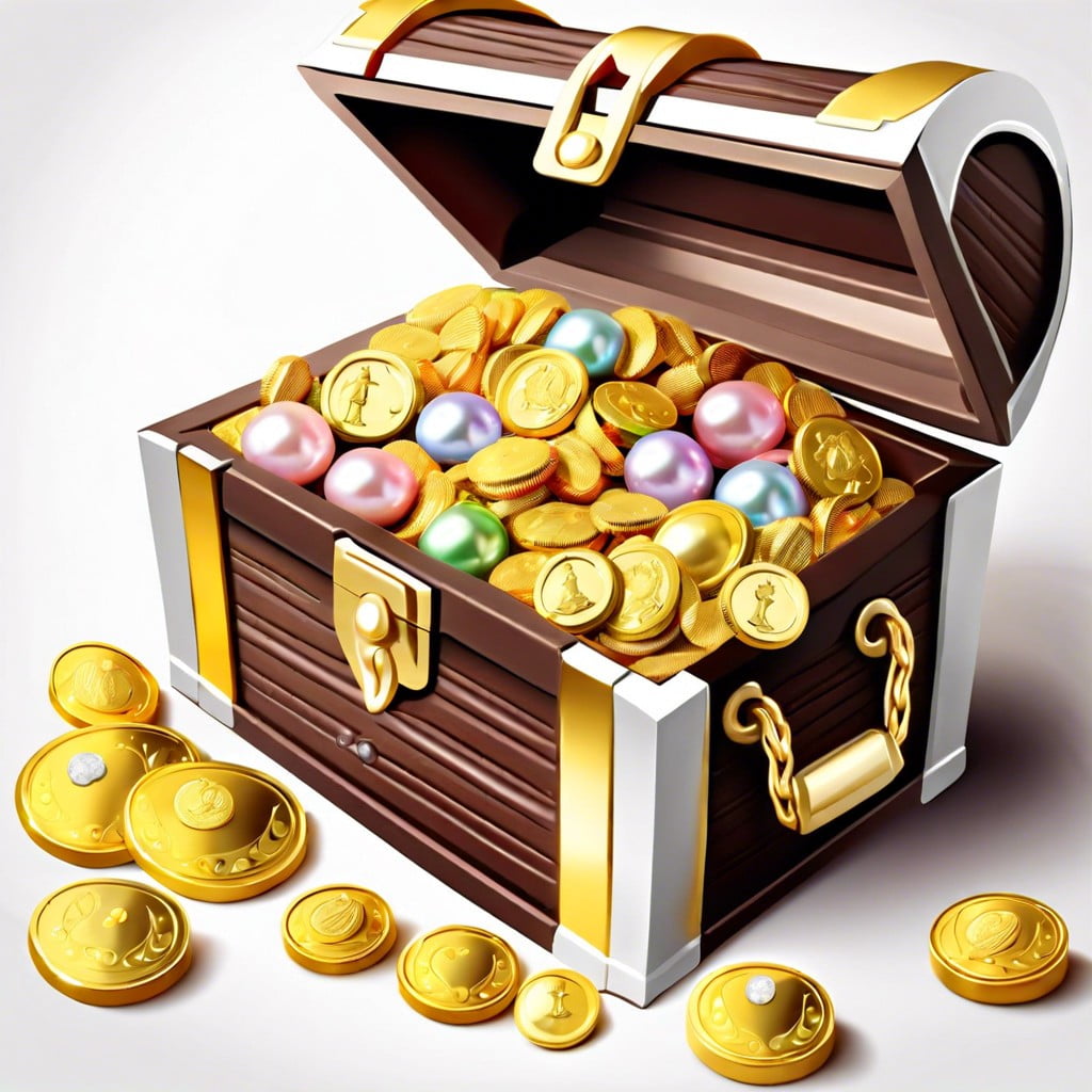 treasure chest treat boxes filled with gold coin chocolates and candy pearls