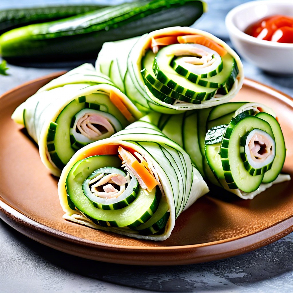 turkey pinwheel wraps and cucumber slices