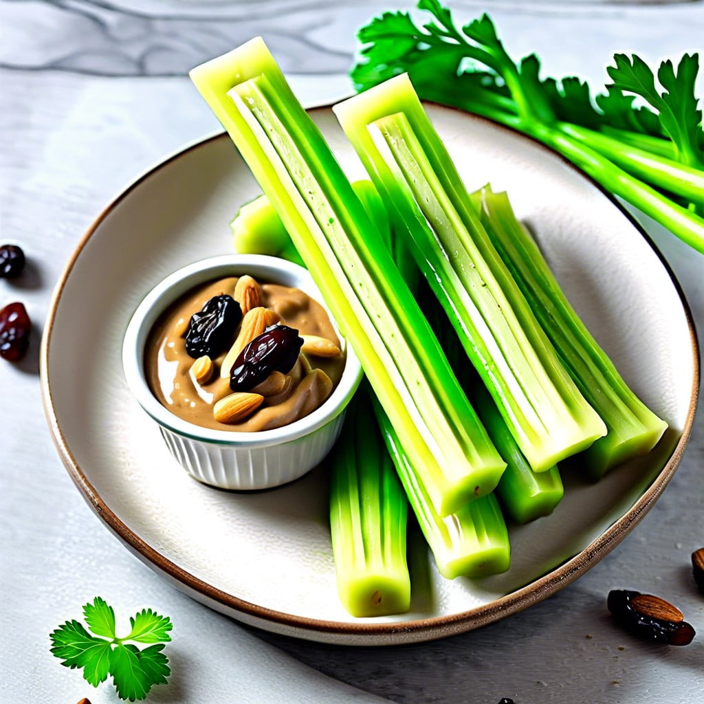 vegan celery sticks filled with almond butter and raisins