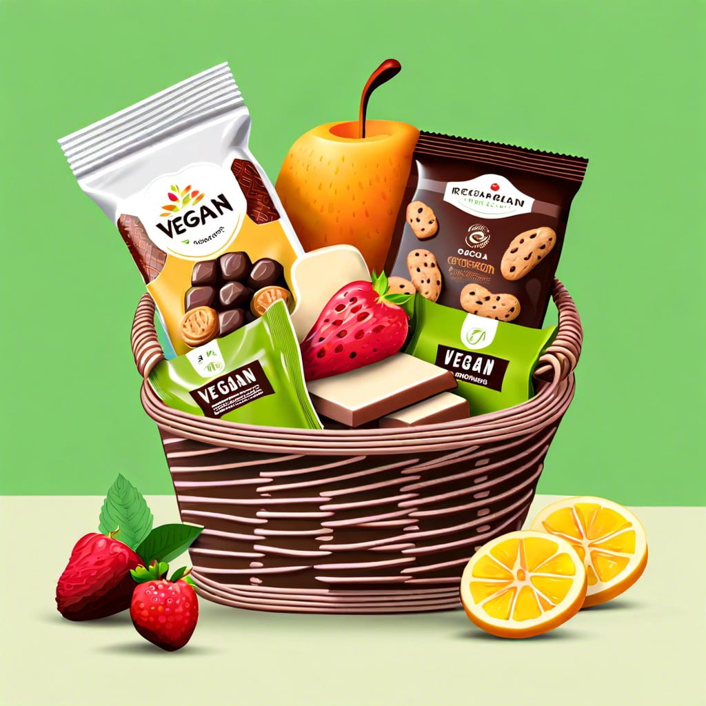 vegan delight basket vegan chocolates cookies and fruit snacks