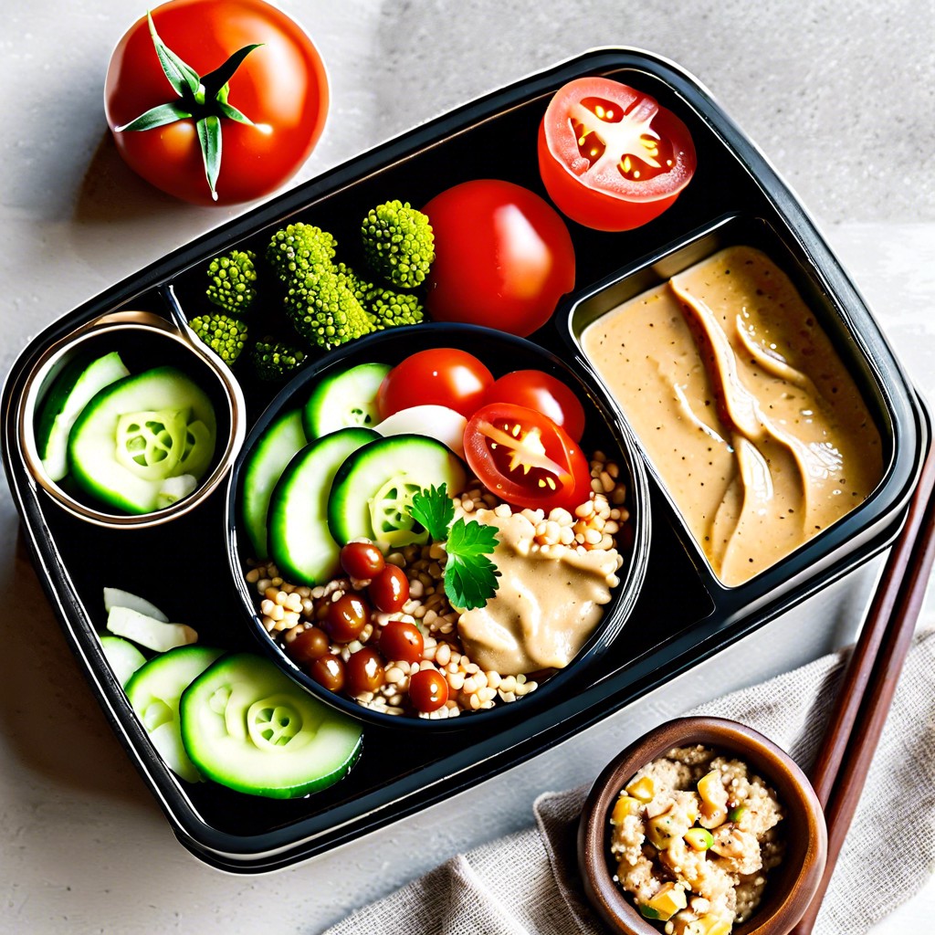 vegan delight bento hummus cucumber sticks cherry tomatoes and quinoa salad