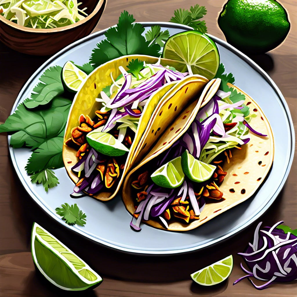 vegan jackfruit tacos with lime cabbage slaw