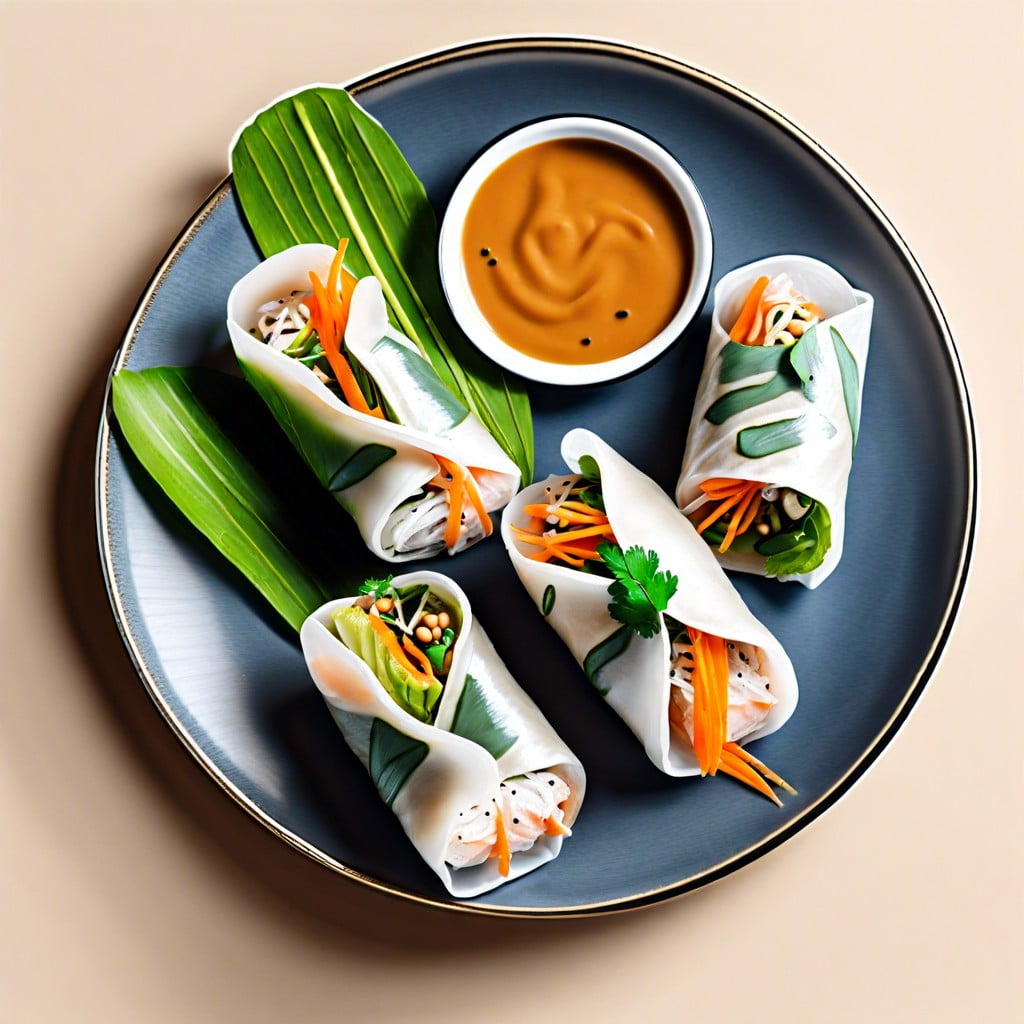 vegan rice paper rolls with tahini dipping sauce
