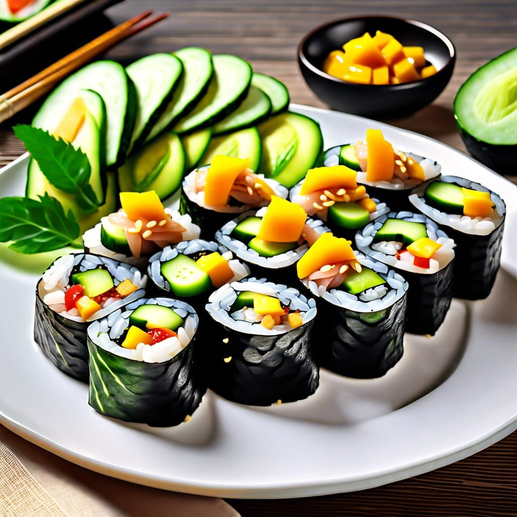 vegan sushi rolls with mango and cucumber