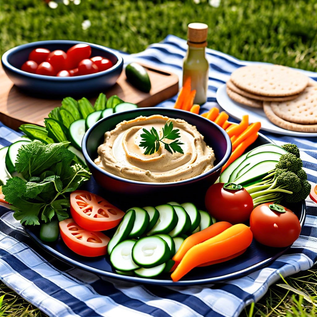 veggie delight snap peas carrot sticks and cherry tomatoes with hummus dip