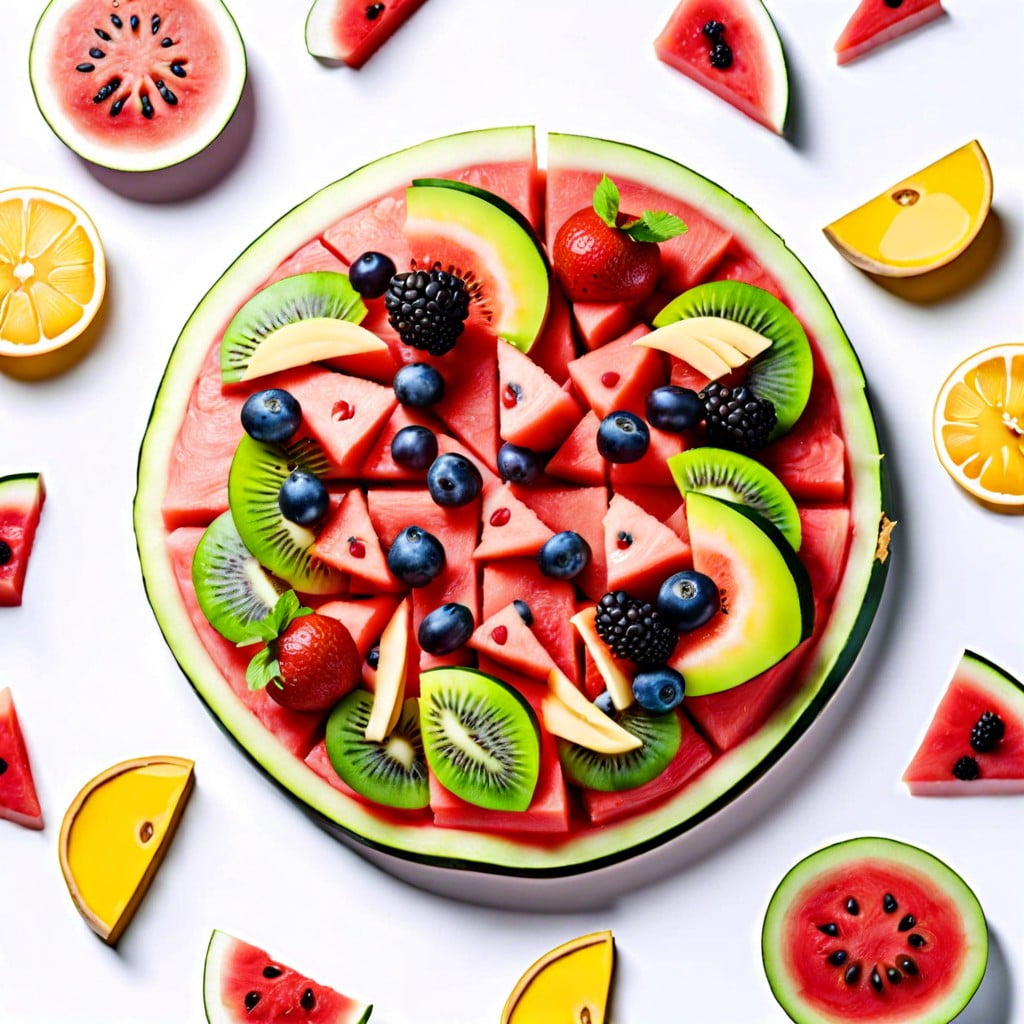 watermelon pizza slices topped with a variety of fruits