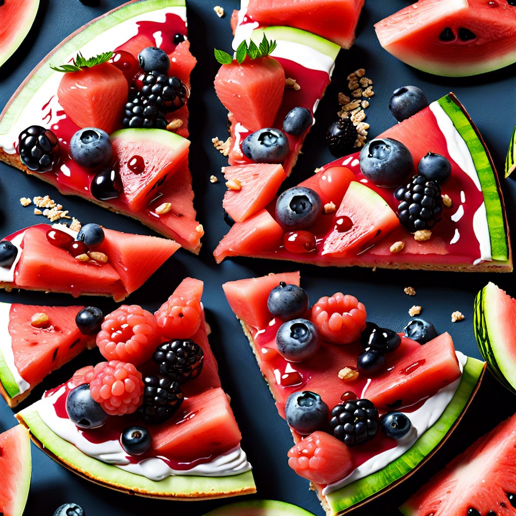 watermelon pizza slices topped with yogurt and berries