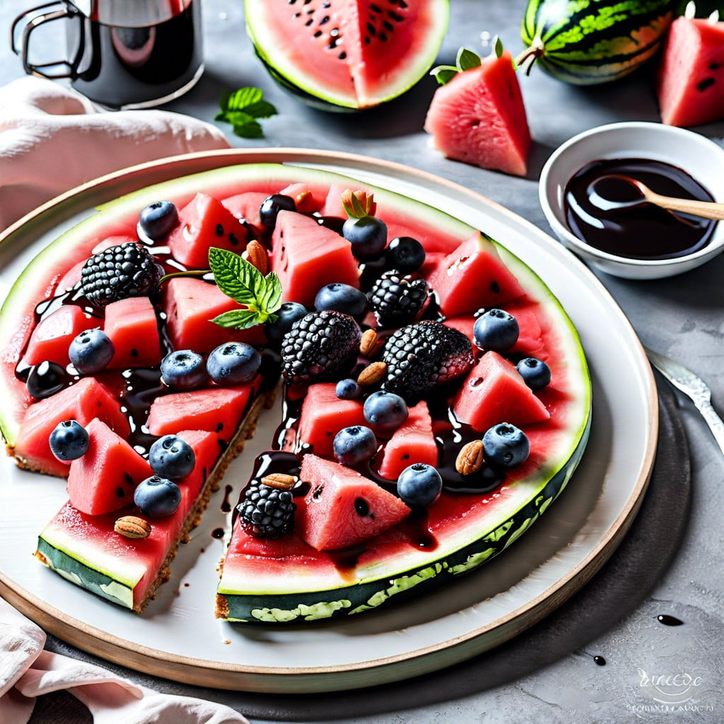 watermelon pizza topped with assorted berries and a balsamic glaze