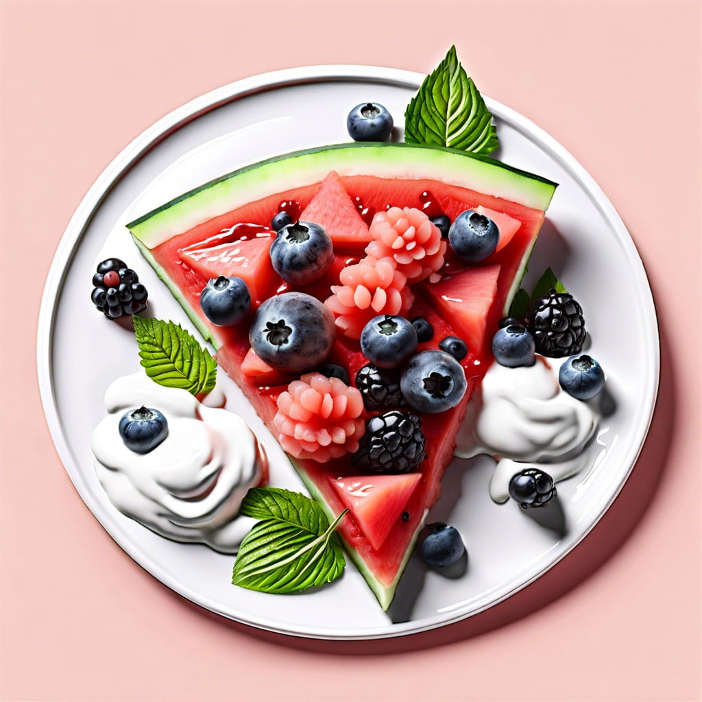 watermelon pizza topped with yogurt and berries