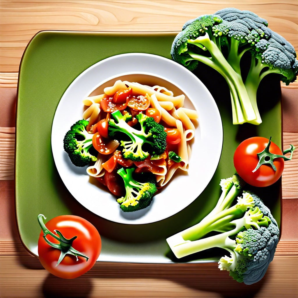 whole grain pasta with tomato sauce and steamed broccoli