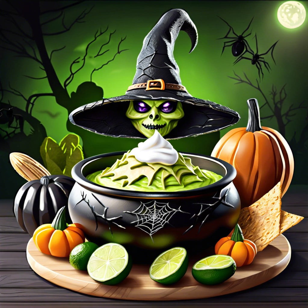 witchs cauldron dip guacamole in a cauldron topped with sour cream webs