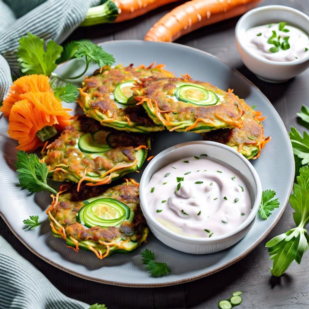 zucchini and carrot fritters with yogurt dip