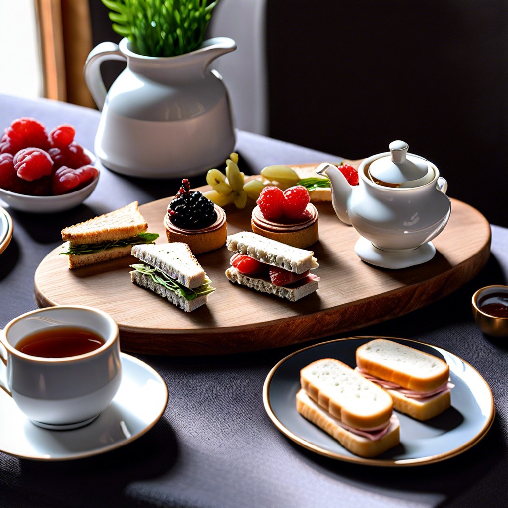 afternoon tea board finger sandwiches scones clotted cream strawberries